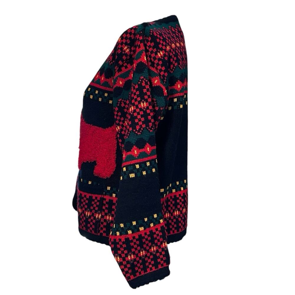 Vintage 80s Dog Fair Isle Cardigan Navy Red Gold Buttons Novelty Knit L - Picture 3 of 14